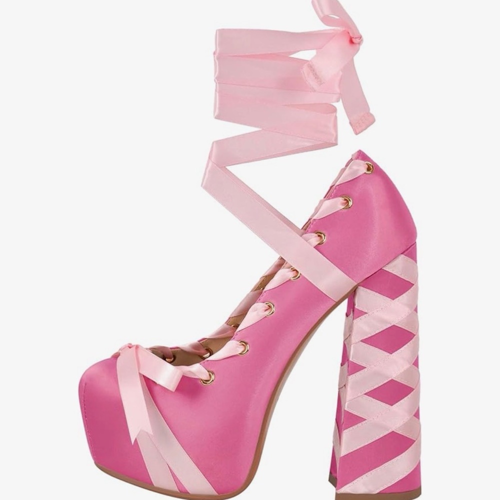 Pink Platform Heels Chunky Bow Ribbon Pumps - Never Worn